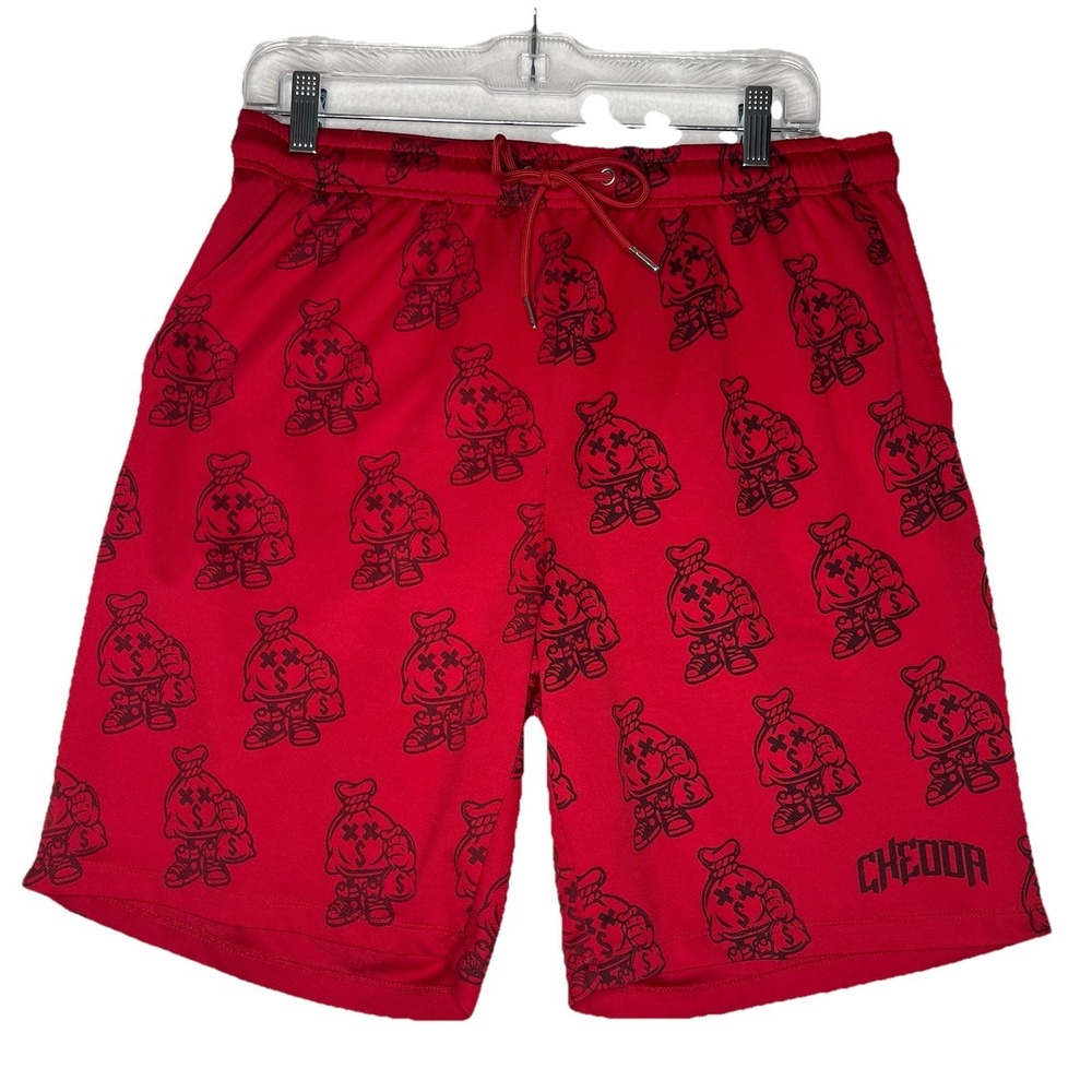Chedda Cartoon Moneybag Print Red Basketball Athletic Shorts L Streetwear Casual